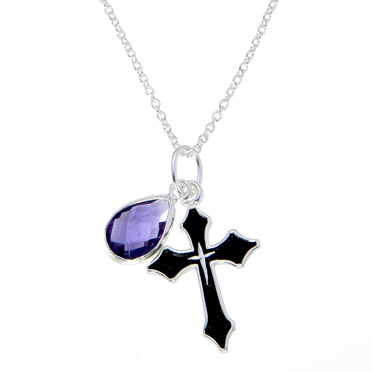 Gothic Black Rhodium & Silver Cross Necklace with Amethyst Color Stone