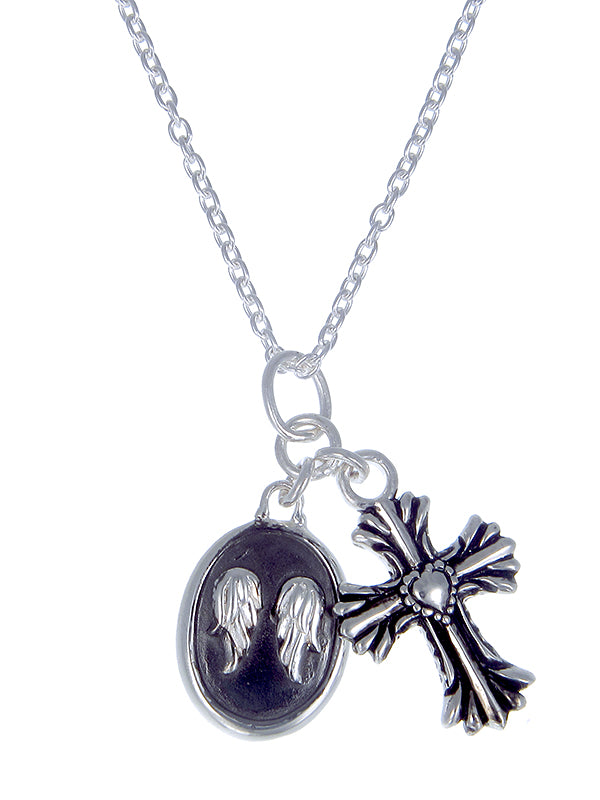 Petite Heart Cross and Angel Wings Pendant | Oxidized Sterling Silver with Black Rhodium
