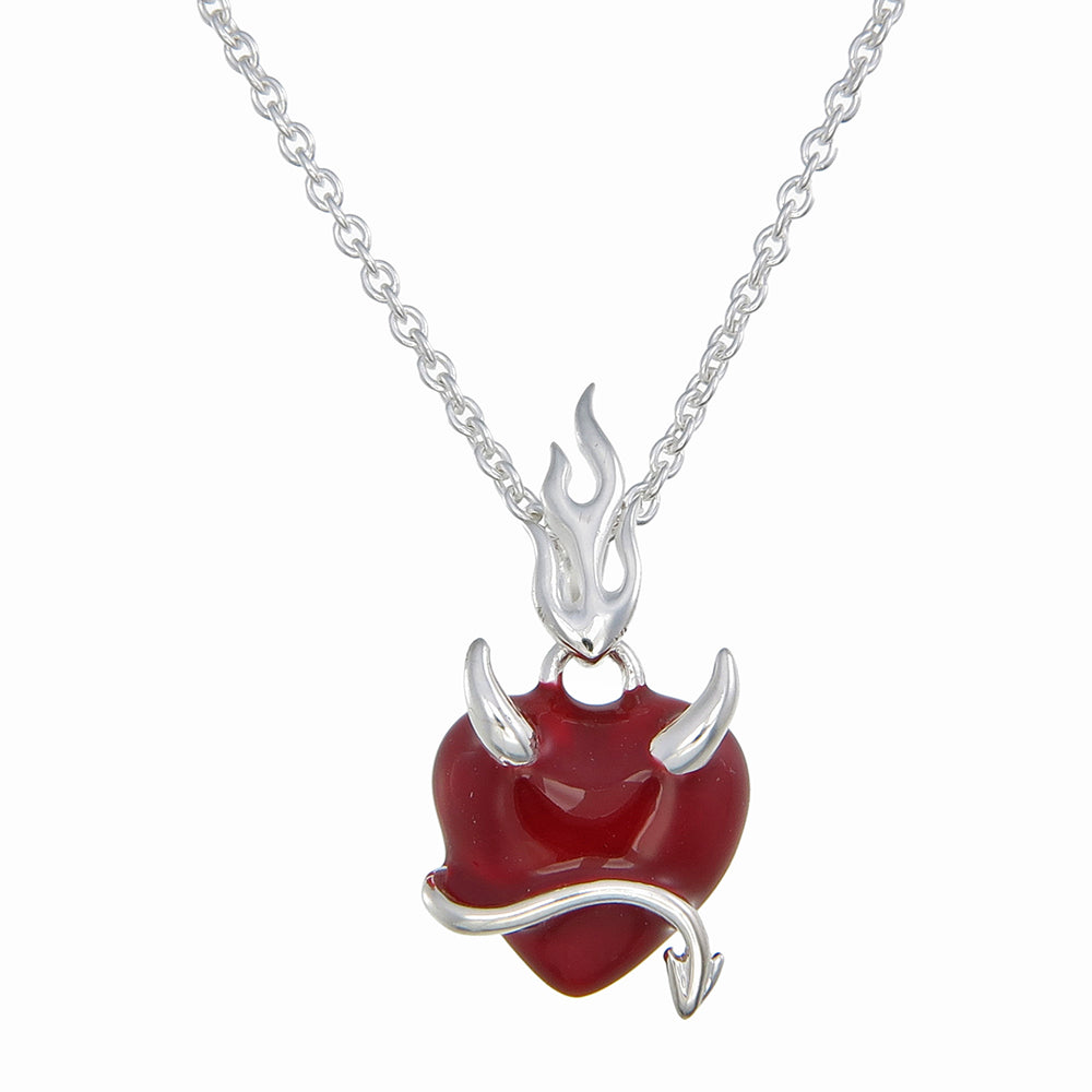 Red Enamel Devil Heart Pendant | Sterling Silver with Flame Bale & Hand Enamel Finish