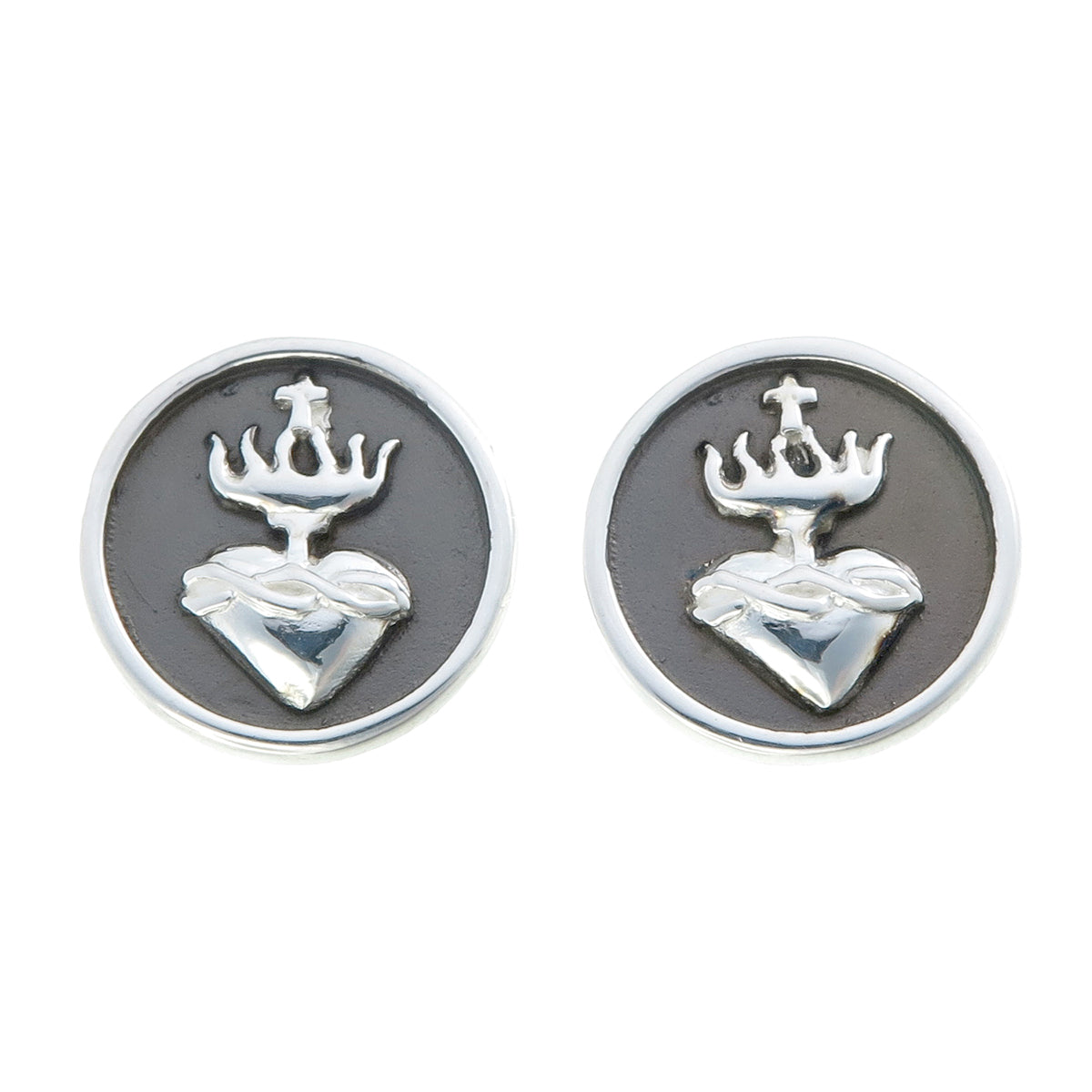 Sacred Heart Coin Stud Earrings | Oxidized Sterling Silver