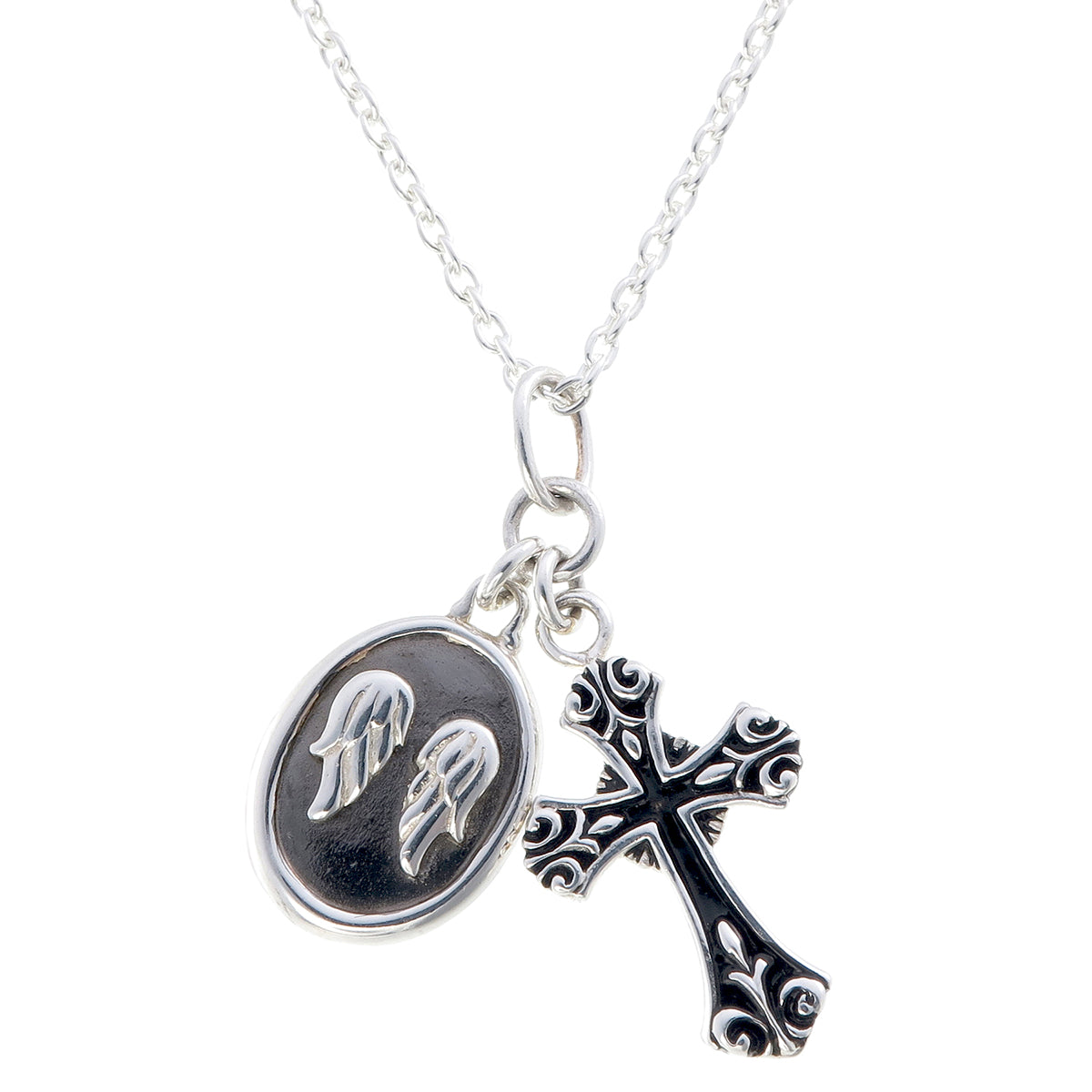 Angel Wings Medallion & Gothic Cross Charm Necklace | Oxidized Sterling Silver