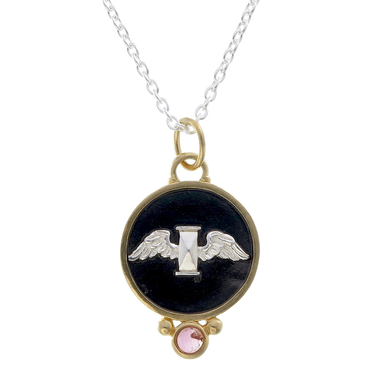 Tempus Fugit Pendant | Winged Hourglass on Black Rhodium with Pink Tourmaline