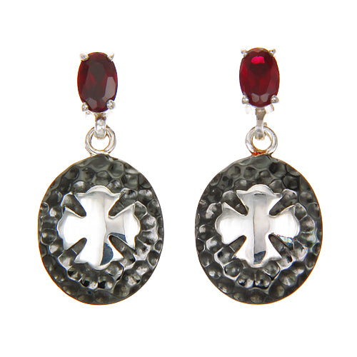Medieval Cross Drop Earrings – Black Rhodium & Garnet Stud