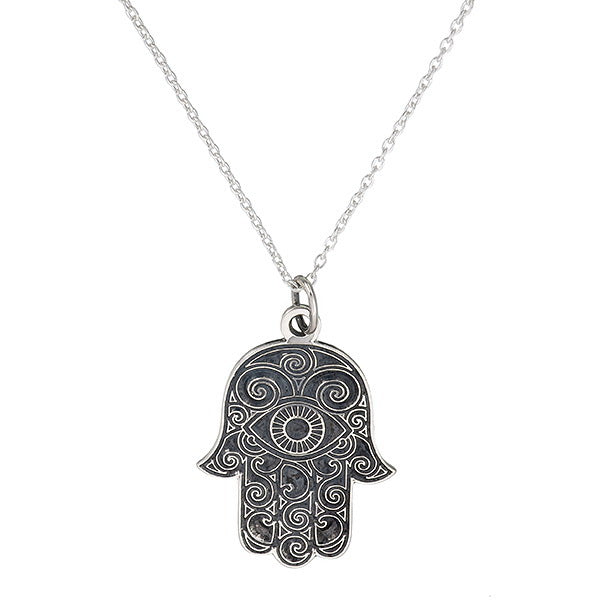 Sterling Silver Hamsa Pendant | All-Seeing Eye on Bold Patterned Black Background