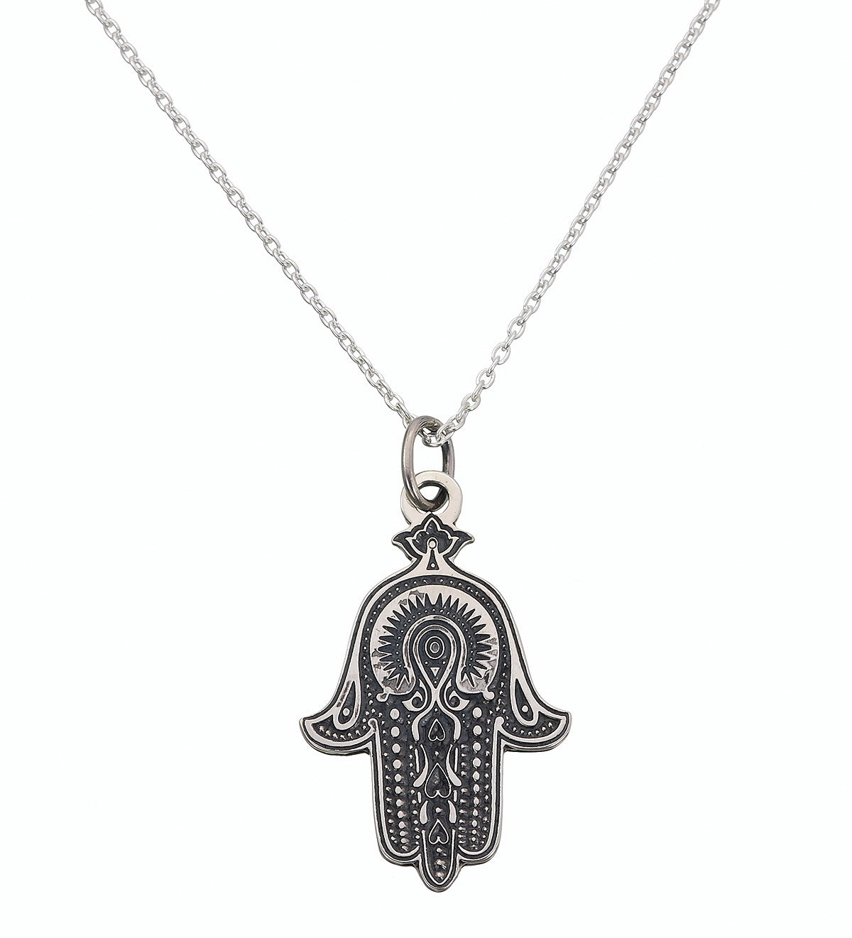 Sterling Silver Hamsa Pendant | Mandala Tantric Design on Black Background