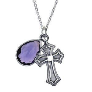 Black Rhodium & Silver Cross Necklace with Amethyst Stone