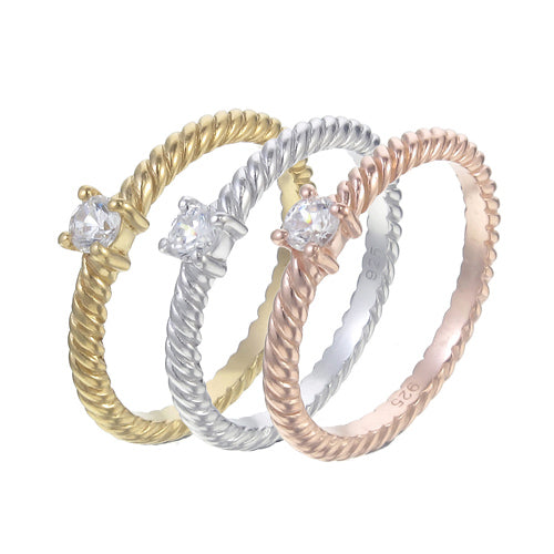 Rope Pattern Single Prong Set CZ Stacking Ring