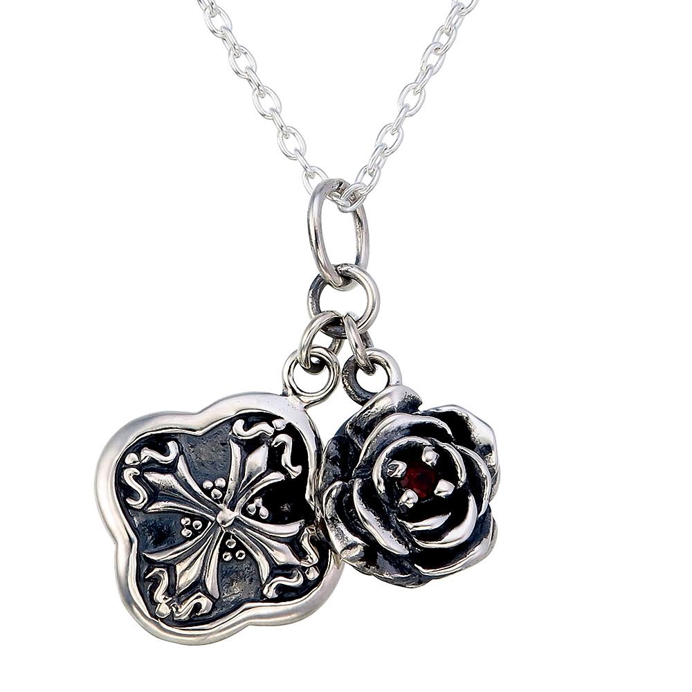 Gothic Revival Quatrefoil Cross & Rose Pendant – Oxidized Sterling Silver