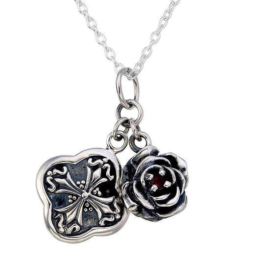Gothic Revival Quatrefoil Cross & Rose Pendant – Oxidized Sterling Silver