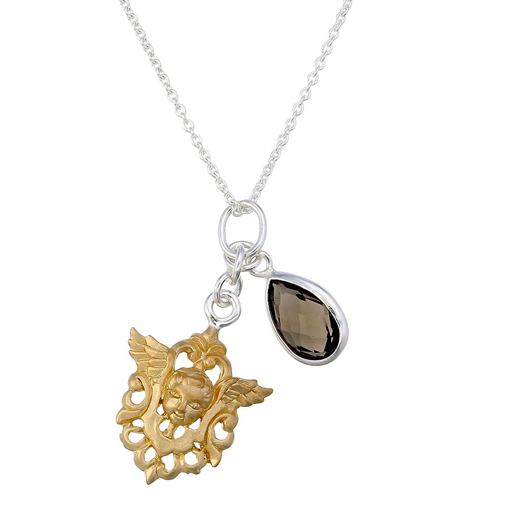 Cherub & Smokey Quartz Pendant – Gold Plated Sterling Silver