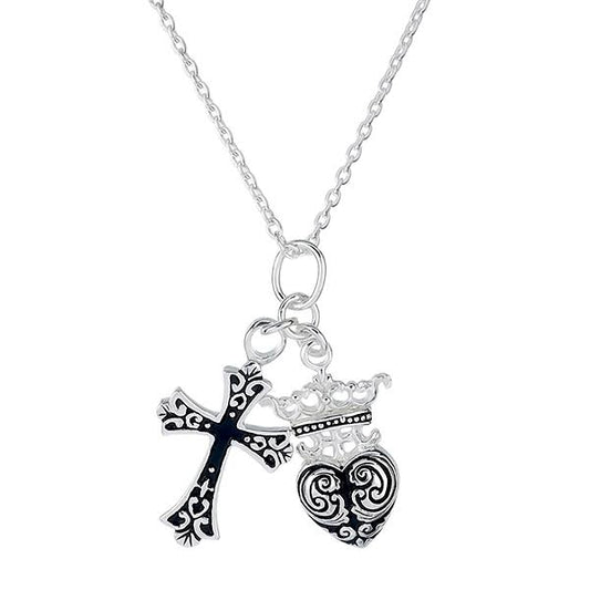 Renaissance Cross & Crowned Heart Pendant | High-Polish Sterling Silver with Black Enamel