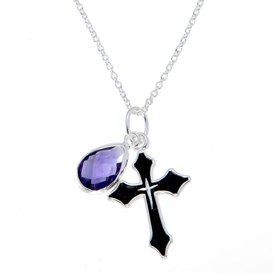 Gothic Black Rhodium & Silver Cross Necklace with Amethyst Color Stone