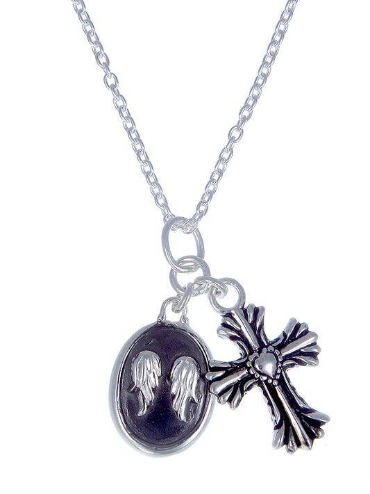 Petite Heart Cross and Angel Wings Pendant | Oxidized Sterling Silver with Black Rhodium