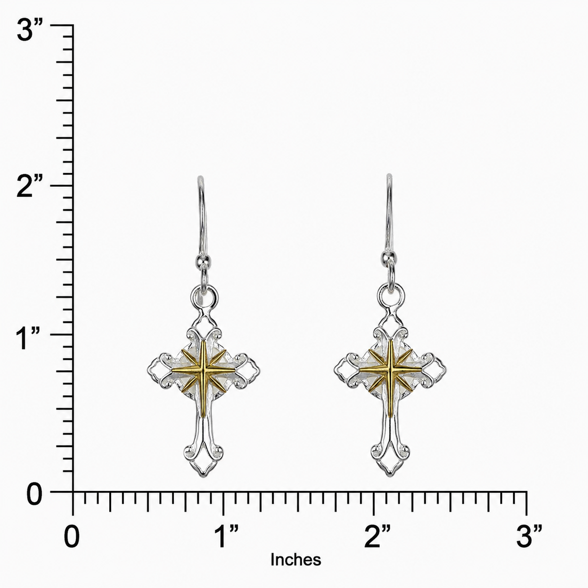 Fleur de Lis Cross Earrings | High-Polish Sterling Silver with Gold-Plated Compass Center