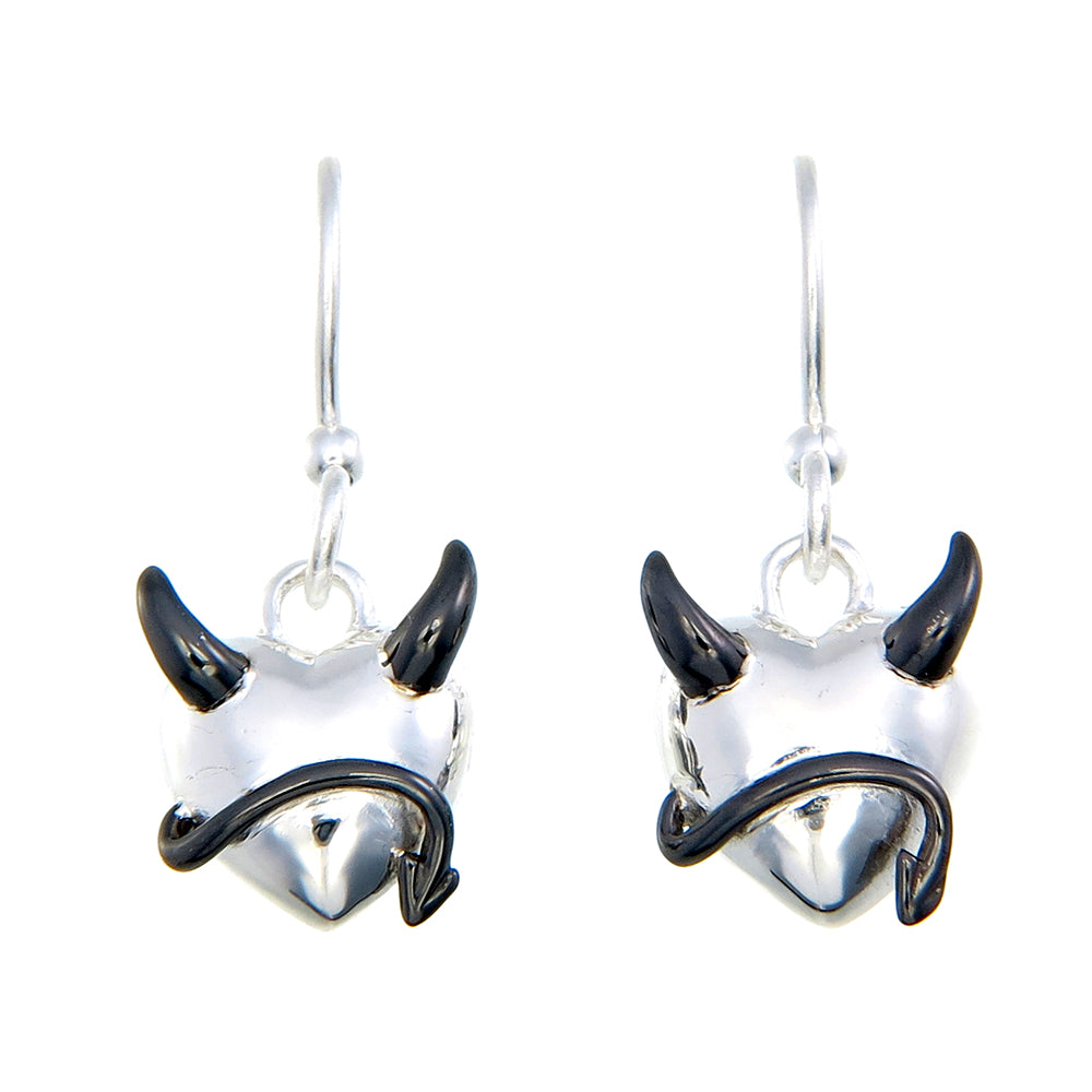 Devil Heart Drop Earrings | Sterling Silver with Black Enamel Horns & Tail | Wire Hook