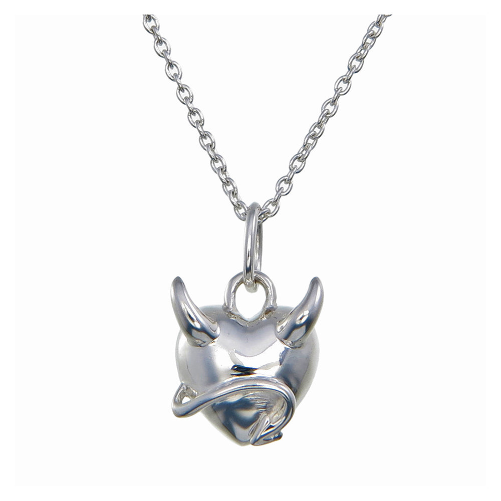Devil Heart Pendant | Horns & Tail | Polished Sterling Silver Necklace