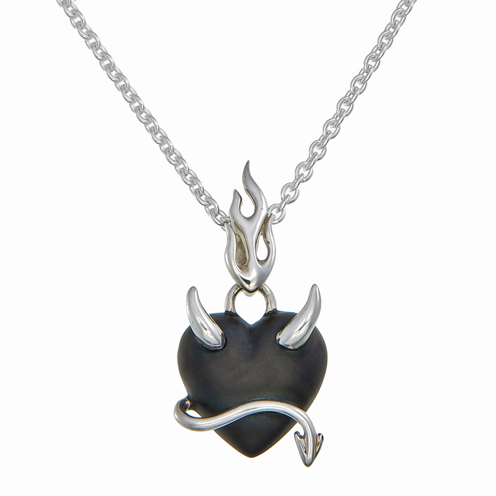 Black Rhodium Devil Heart Pendant | Sterling Silver with Flame Bale & Polished Contrast