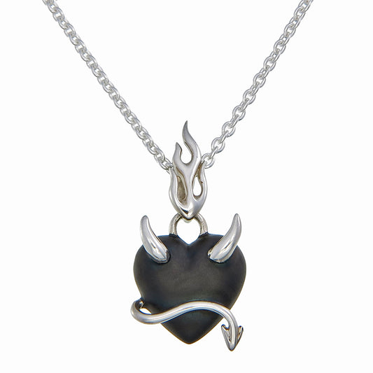Black Rhodium Devil Heart Pendant | Sterling Silver with Flame Bale & Polished Contrast