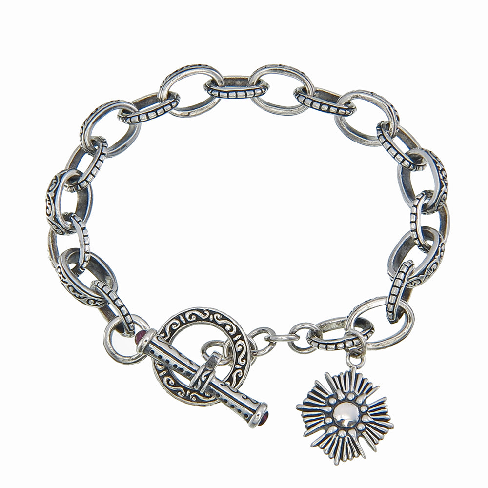 Pavé & Scroll Link Bracelet with Tourmaline Toggle & Cross Charm