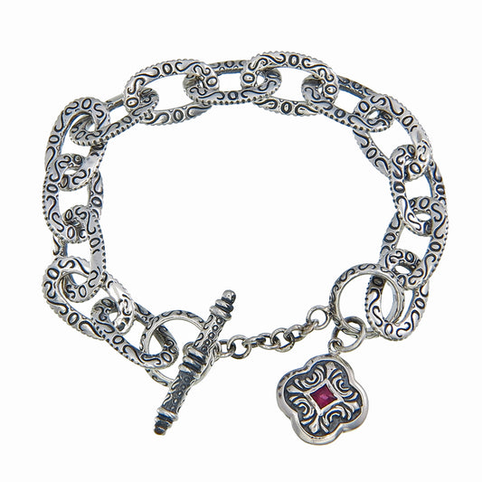 Carved Link Bracelet with Garnet Quadrefoil Accent