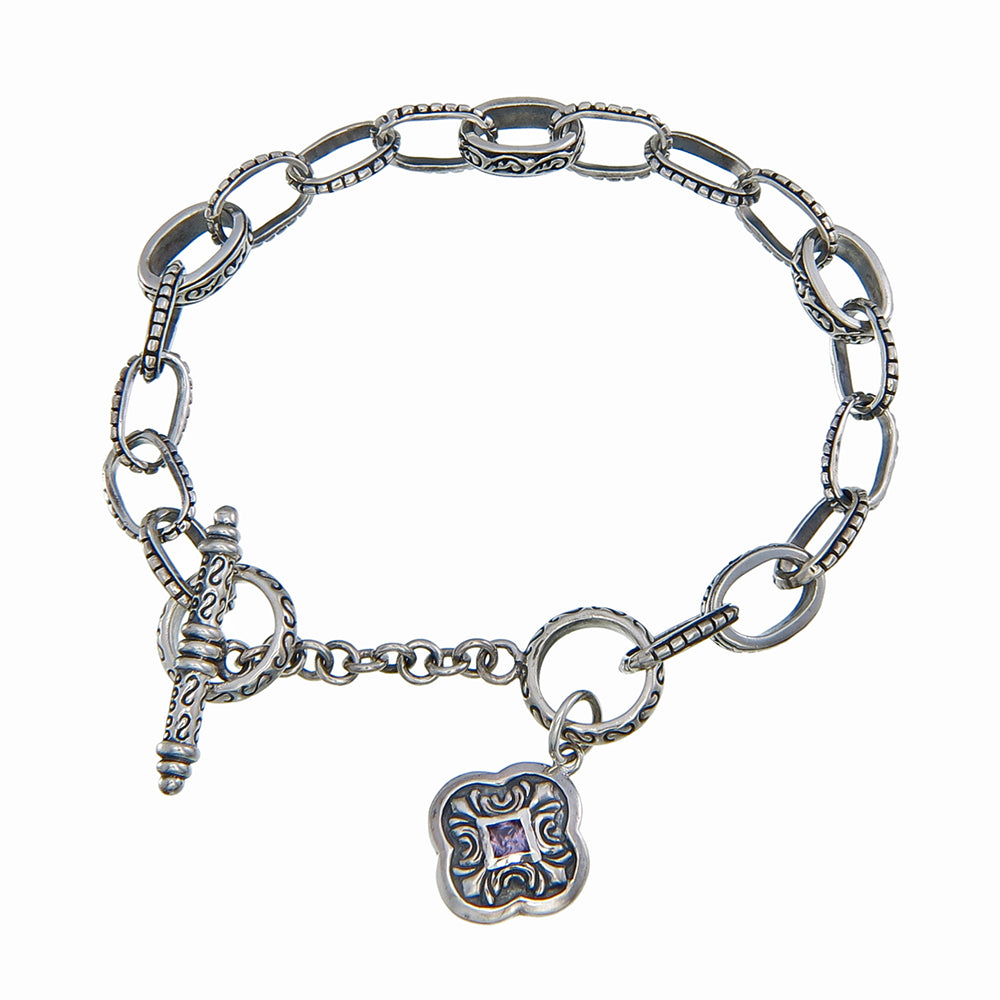 Patterned Link Bracelet with Amethyst Quadrefoil Charm
