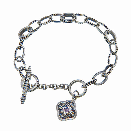 Patterned Link Bracelet with Amethyst Quadrefoil Charm