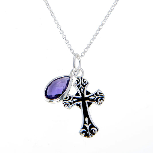Medieval Black Rhodium & Silver Cross Necklace with Amethyst Color Stone