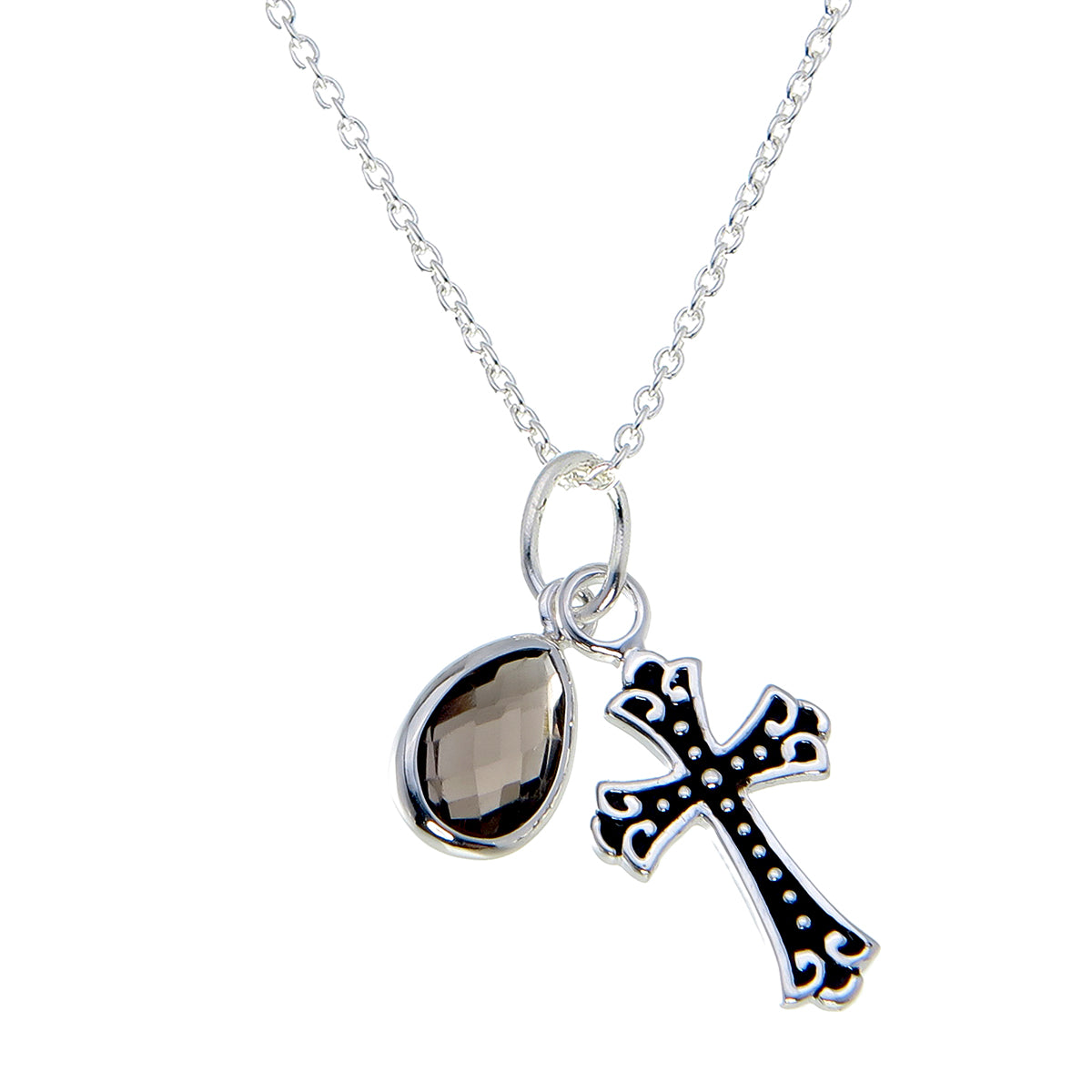 Gothic Cross & Smoky Quartz Charm Necklace | Sterling Silver