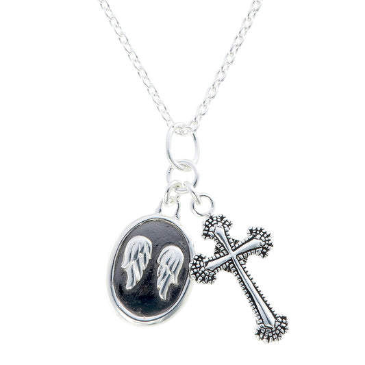 Angel Wings Medallion & Granulated Cross Charm Necklace | Oxidized Sterling Silver