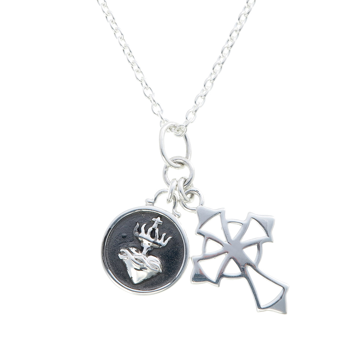 Sacred Heart Medallion & Cutout Cross Charm Necklace | Oxidized Sterling Silver