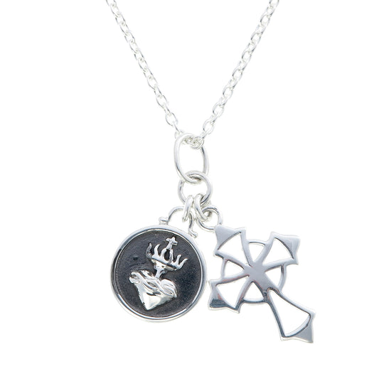 Sacred Heart Medallion & Cutout Cross Charm Necklace | Oxidized Sterling Silver