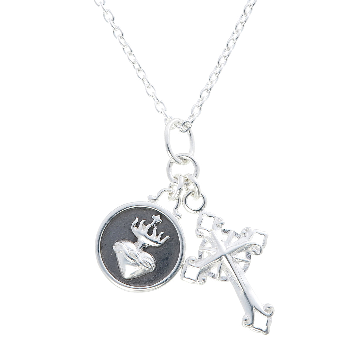 Sacred Heart & Filigree Cross Charm Necklace | Oxidized Sterling Silver