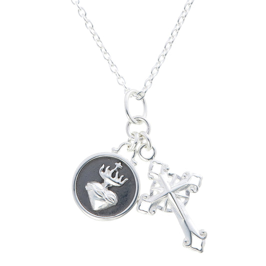 Sacred Heart & Filigree Cross Charm Necklace | Oxidized Sterling Silver