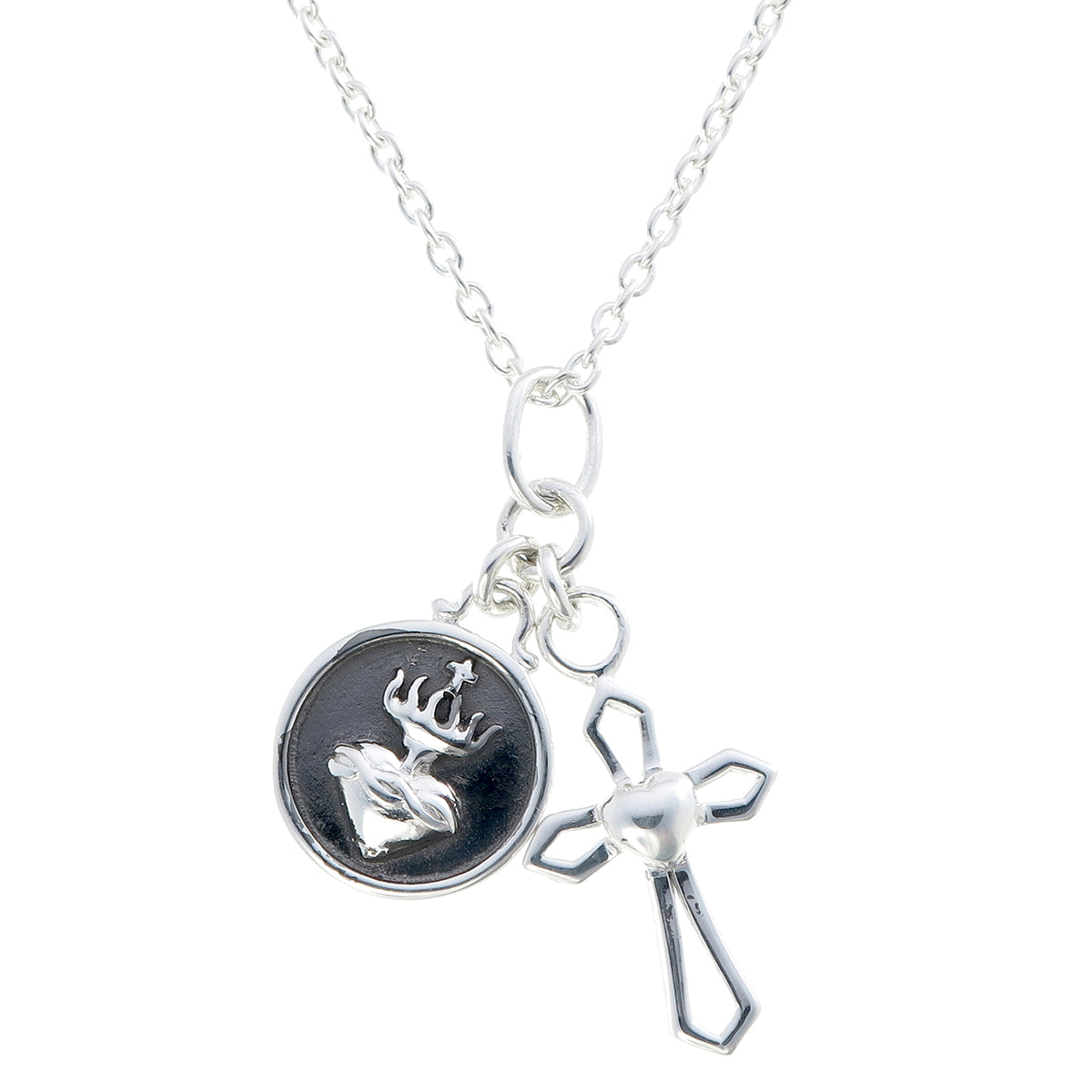 Sacred Heart & Cross Charm Necklace | Oxidized Sterling Silver