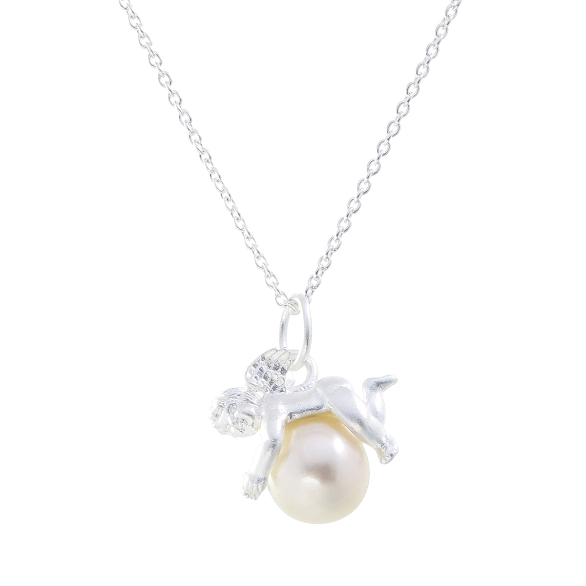 Petite Cherub and Pearl Pendant | Sterling Silver on Freshwater Pearl