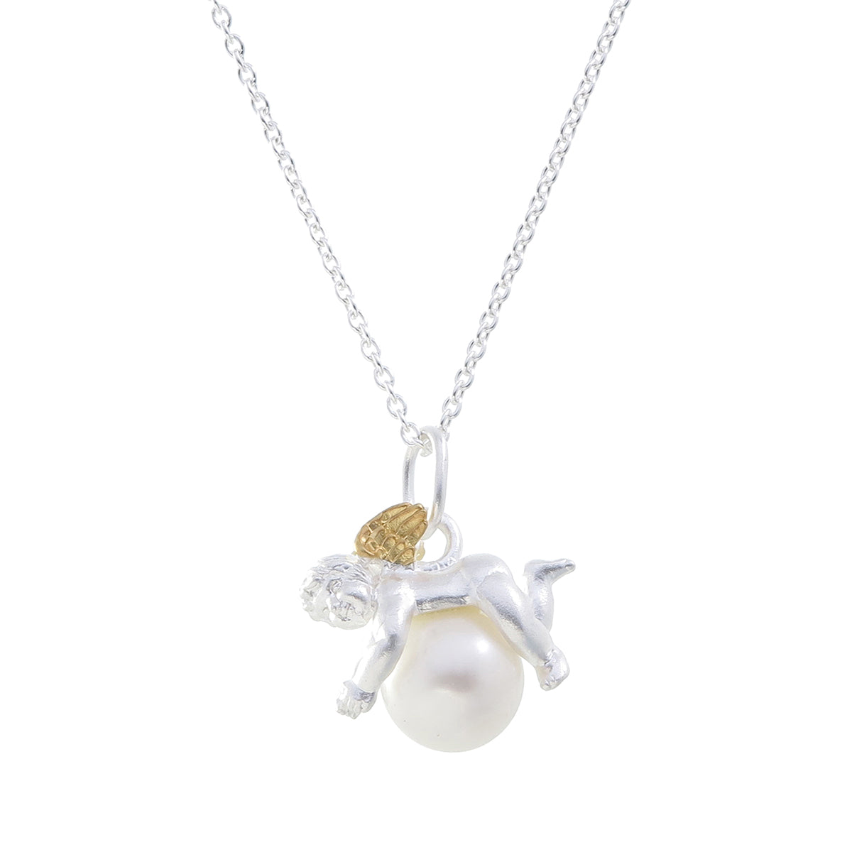 Petite Cherub and Pearl Pendant | Sterling Silver with Gold-Plated Wings on Freshwater Pearl