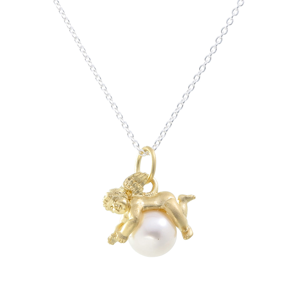 Petite Cherub and Pearl Pendant | Gold-Plated Sterling Silver on Freshwater Pearl