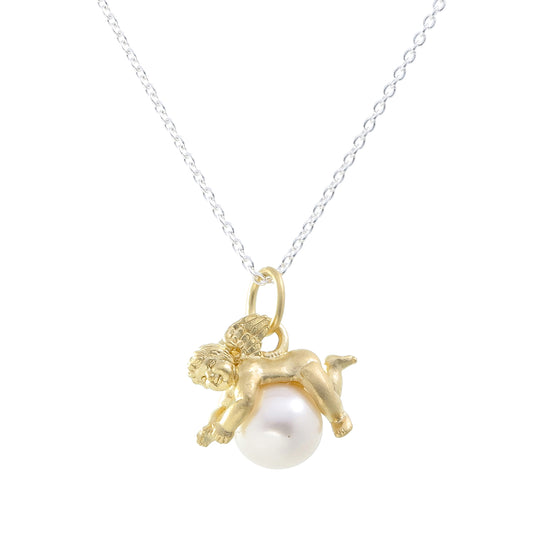 Petite Cherub and Pearl Pendant | Gold-Plated Sterling Silver on Freshwater Pearl