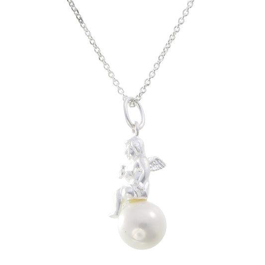 Cherub and Dove Pearl Pendant | Sterling Silver on Freshwater Pearl