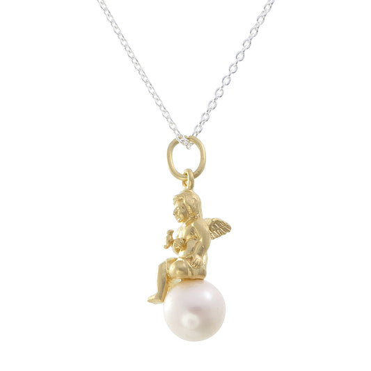 Cherub and Dove Pearl Pendant | Gold-Plated Sterling Silver on Freshwater Pearl
