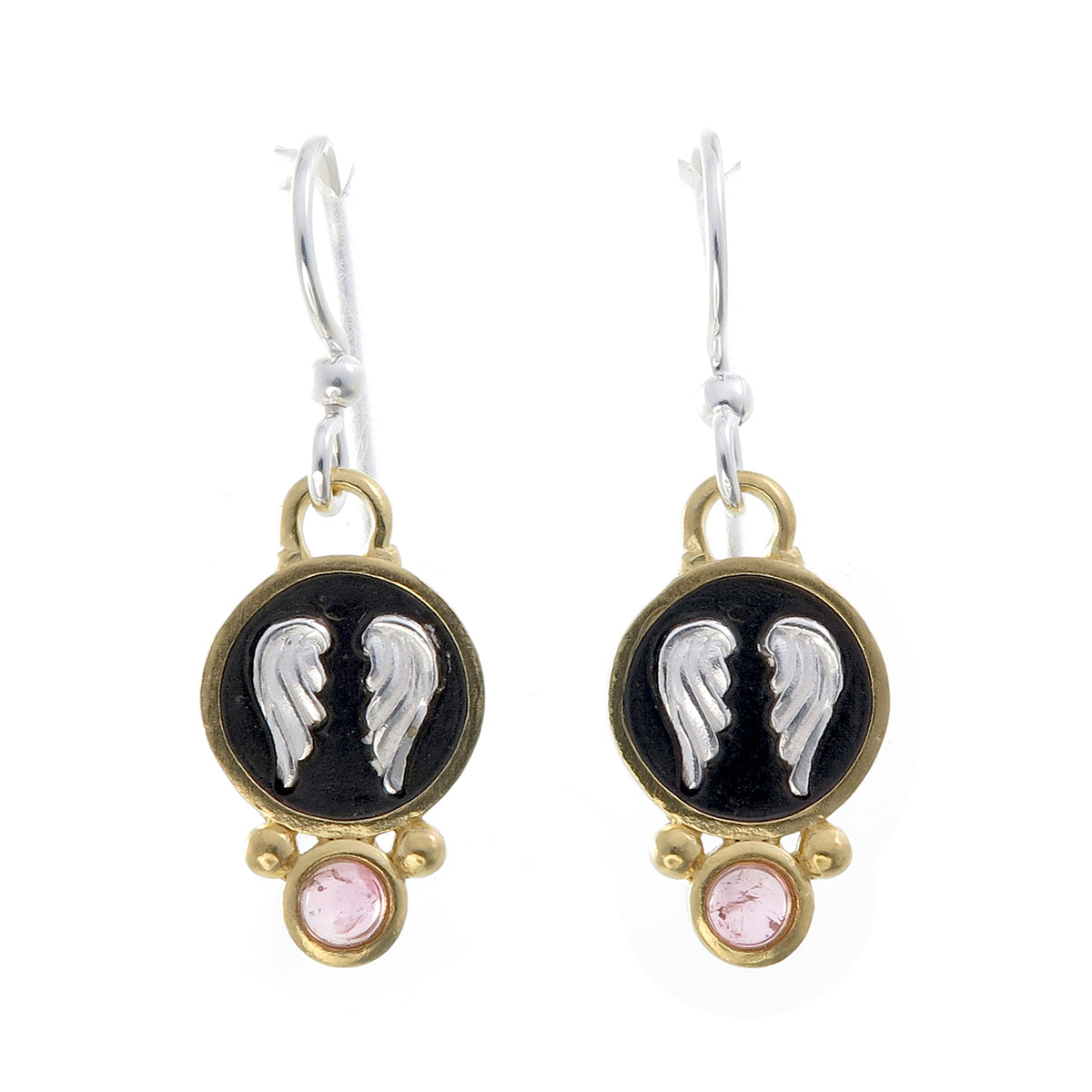 Angel Wings & Pink Tourmaline Earrings | Silver on Black Rhodium with Gold Frame