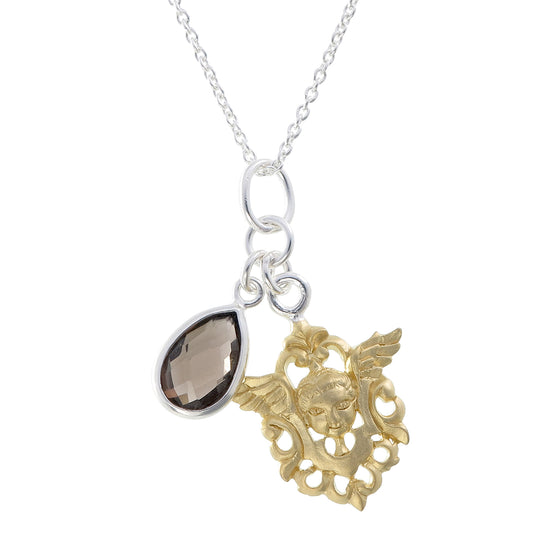 Renaissance Cherub & Smoky Quartz Color Stone Necklace | Gold Plated