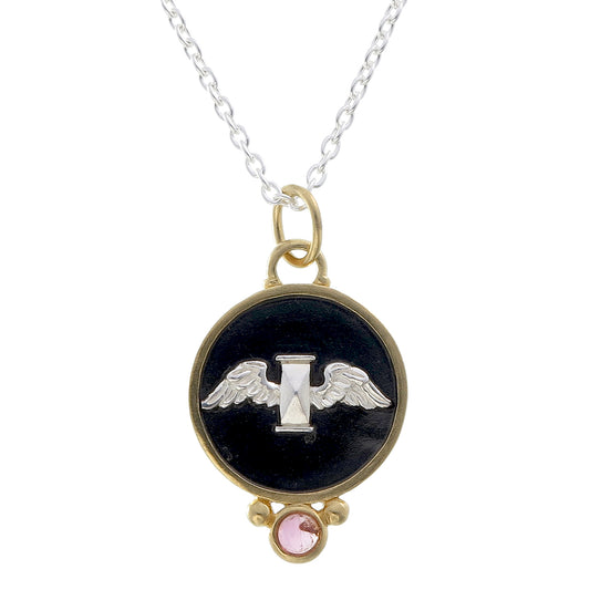 Tempus Fugit Pendant | Winged Hourglass on Black Rhodium with Pink Tourmaline