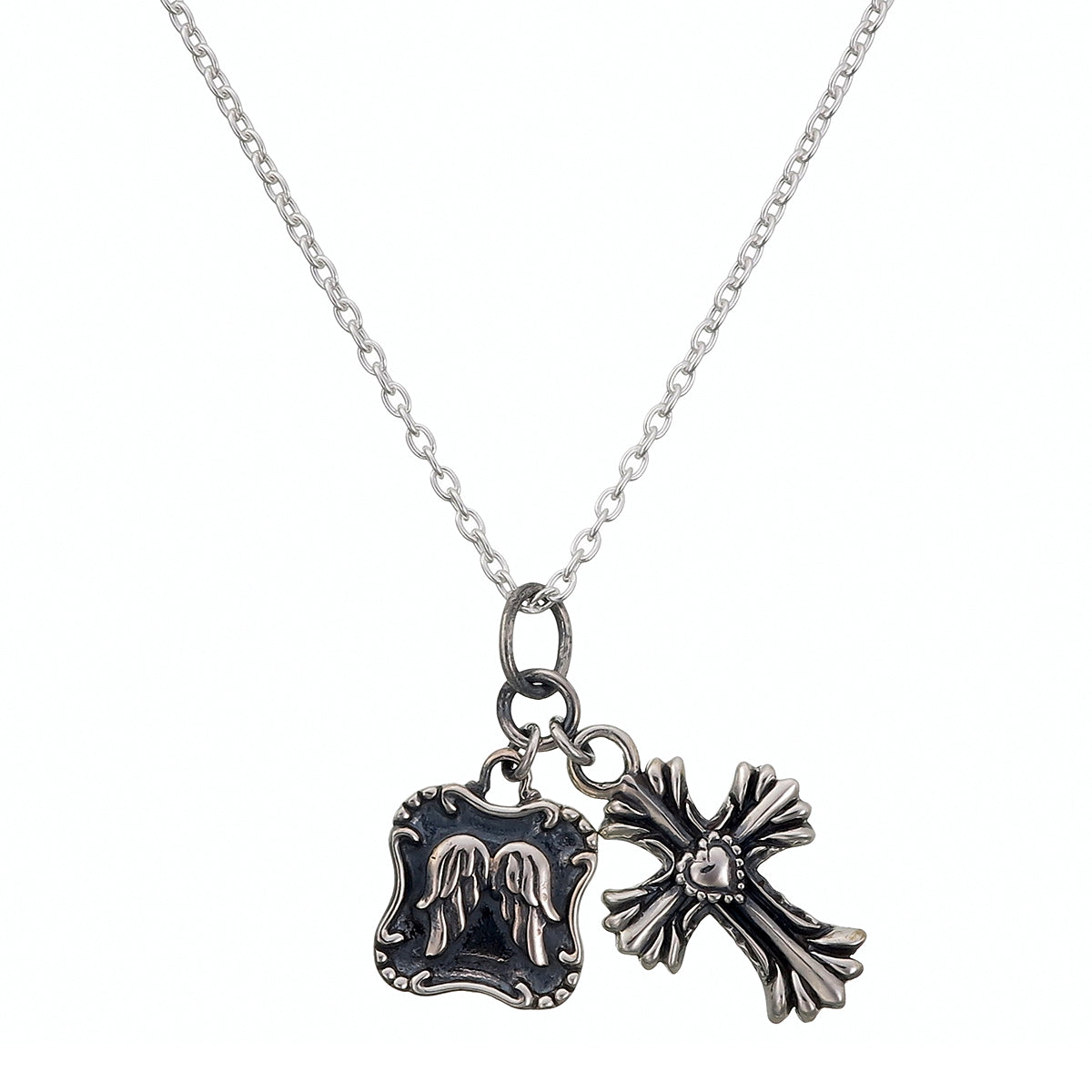 Angel Wings & Gothic Cross Charm Necklace | Oxidized Sterling Silver
