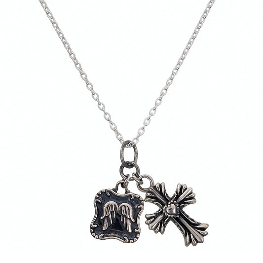Angel Wings & Gothic Cross Charm Necklace | Oxidized Sterling Silver