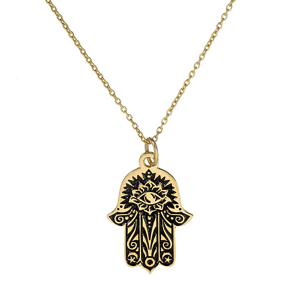 Hamsa All-Seeing Eye Lotus Pendant | Gold-Plated Sterling Silver with Black Enamel