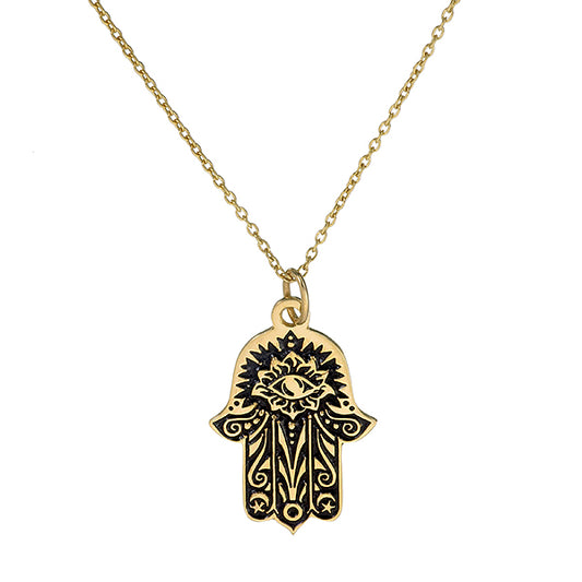 Hamsa All-Seeing Eye Lotus Pendant | Gold-Plated Sterling Silver with Black Enamel