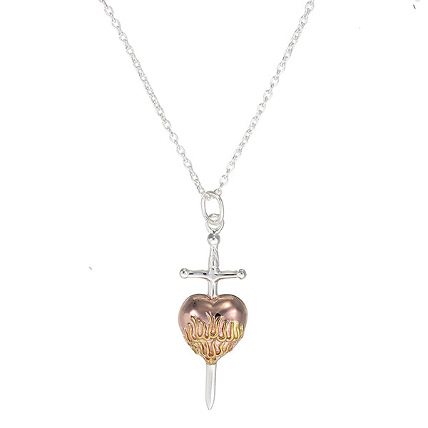 Flaming Heart Pendant | Rose Gold Heart with Yellow Gold Flames & Sword Bale