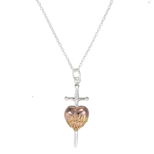 Flaming Heart Pendant | Rose Gold Heart with Yellow Gold Flames & Sword Bale