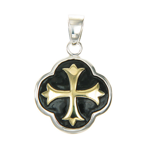Cross Fleury Quatrefoil Pendant – Black Enamel & Gold